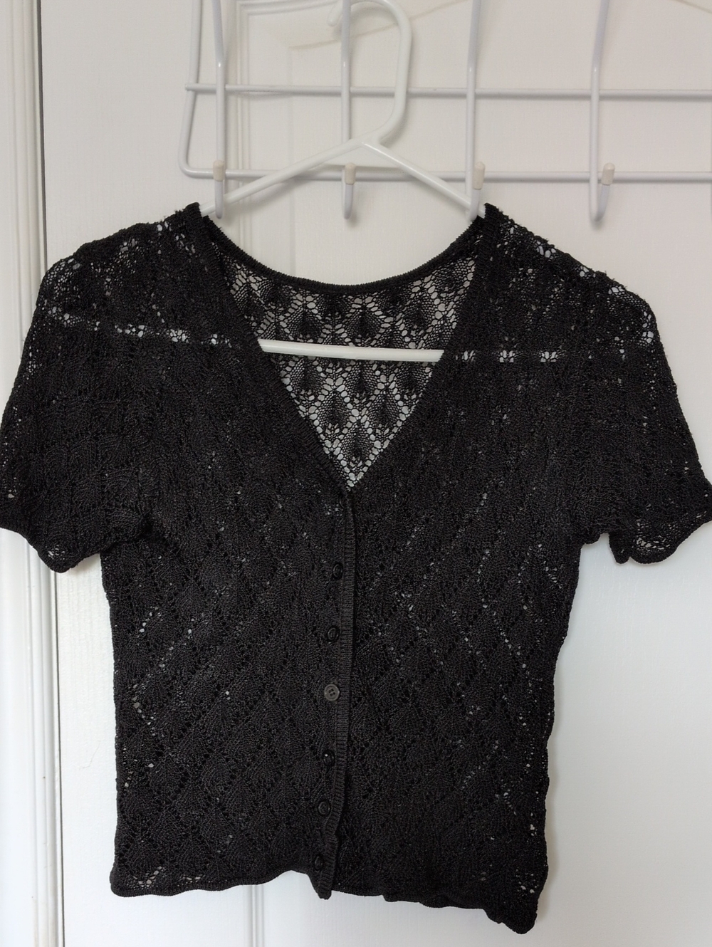 Black Knit Button-Front Short Sleeve Top